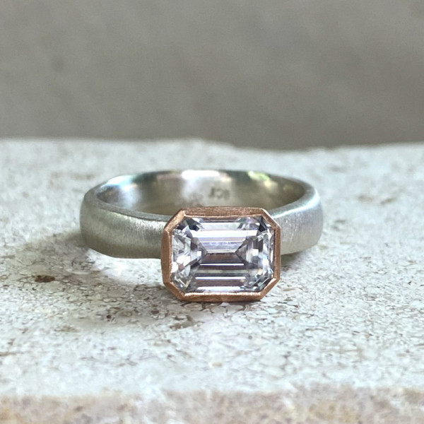 2.5ct Emerald Cut Matte Satin Finish Two Tone Engagement Ring