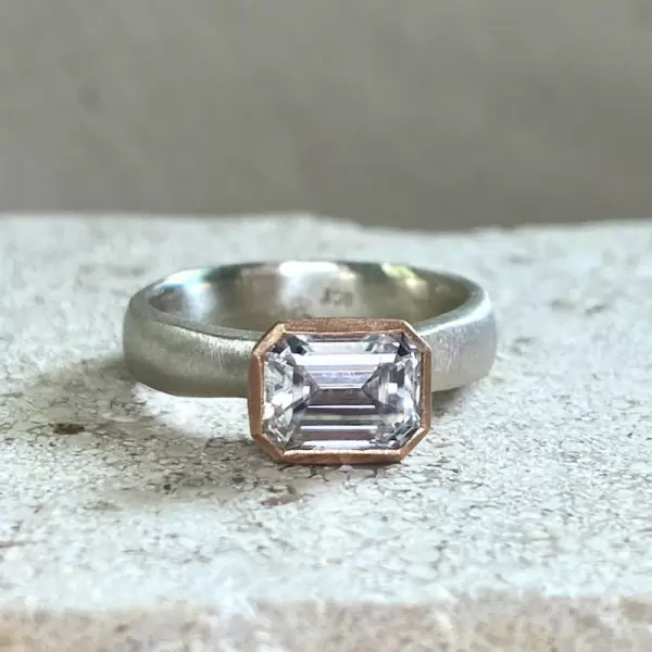 2.5ct Emerald Cut Matte Satin Finish Two Tone Engagement Ring