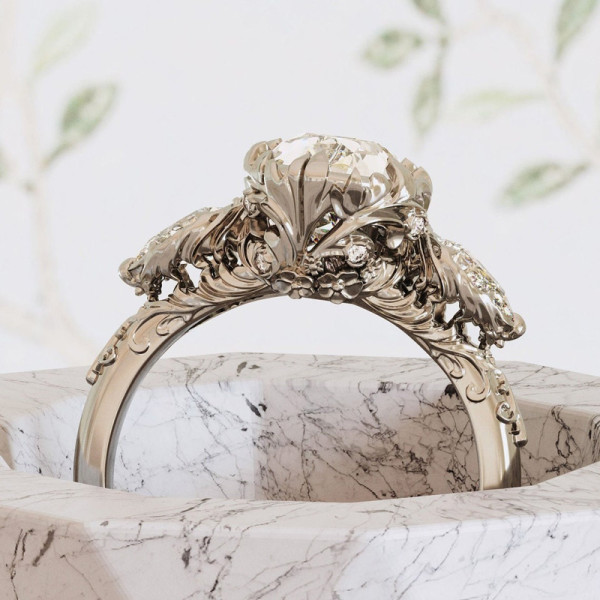 2ct Pear Cut Flower Carving Vintage Three Stone Engagement Ring