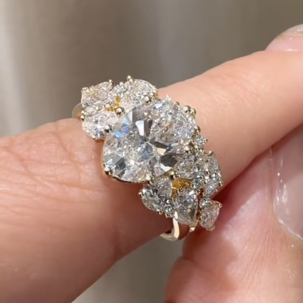 2.5ct Oval Cut Gold Tone Cluster Tiara Bridal Ring Set