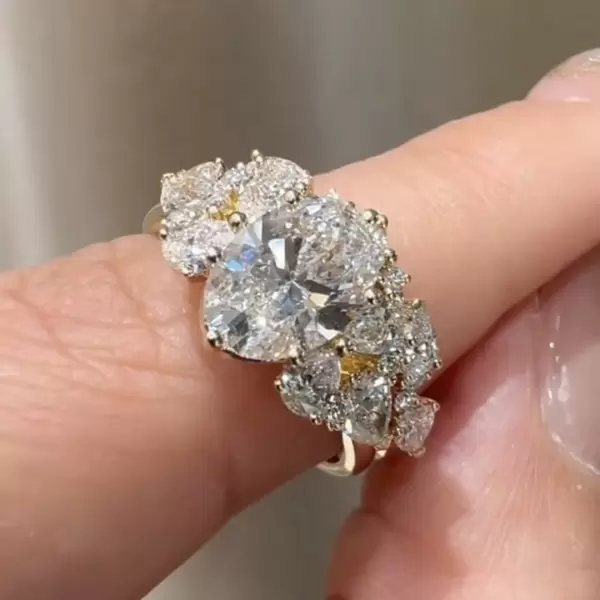 2.5ct Oval Cut Gold Tone Cluster Tiara Bridal Ring Set