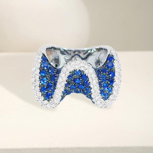 6ctw White and Blue Sapphire Paved Wave Cocktail Ring