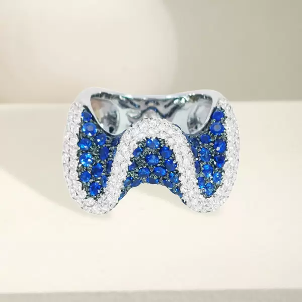 6ctw White and Blue Sapphire Paved Wave Cocktail Ring