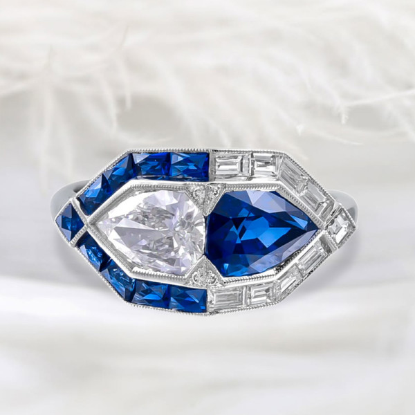 3ctw White and Blue Sapphire Art-deco Engagement Ring