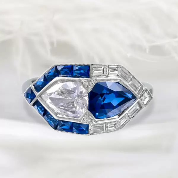 3ctw White and Blue Sapphire Art-deco Engagement Ring