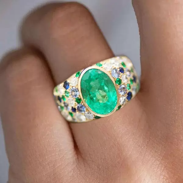3ct Oval Cut Emerald Multicolor Sapphrie Paved Cocktail Ring