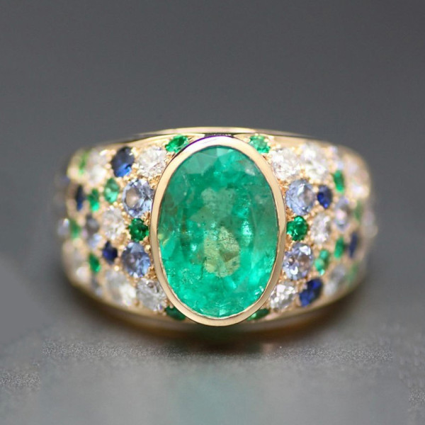 3ct Oval Cut Emerald Multicolor Sapphrie Paved Cocktail Ring