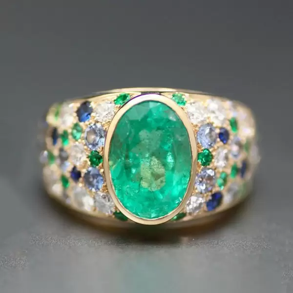 3ct Oval Cut Emerald Multicolor Sapphrie Paved Cocktail Ring