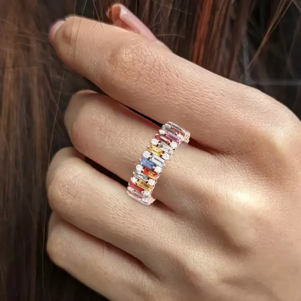 4ctw Baguette Cut Rainbow Sapphrie Eternity Ring