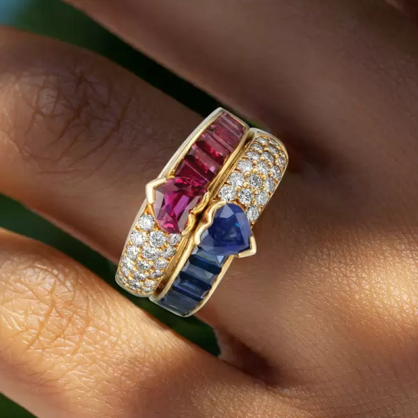 2.5ctw Heart Cut Blue Sapphire and Ruby Stackable Ring Set