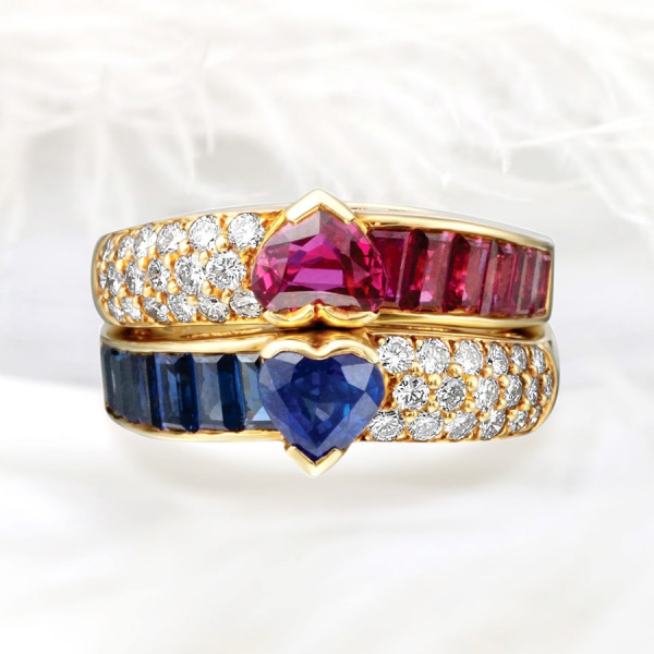 2.5ctw Heart Cut Blue Sapphire and Ruby Stackable Ring Set