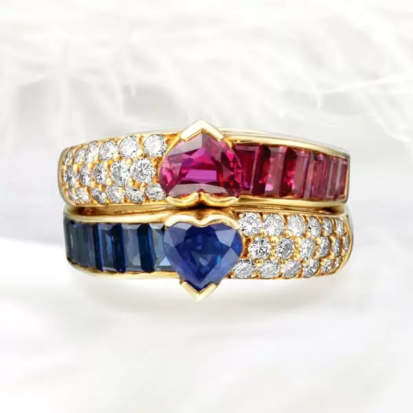 2.5ctw Heart Cut Blue Sapphire and Ruby Stackable Ring Set