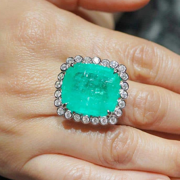 20ct Cushion Cut Emerald Halo Flush Set Cocktail Ring