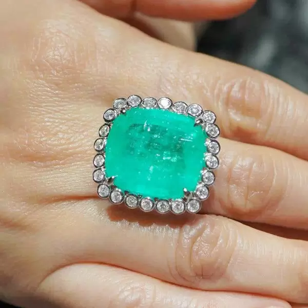 20ct Cushion Cut Emerald Halo Flush Set Cocktail Ring
