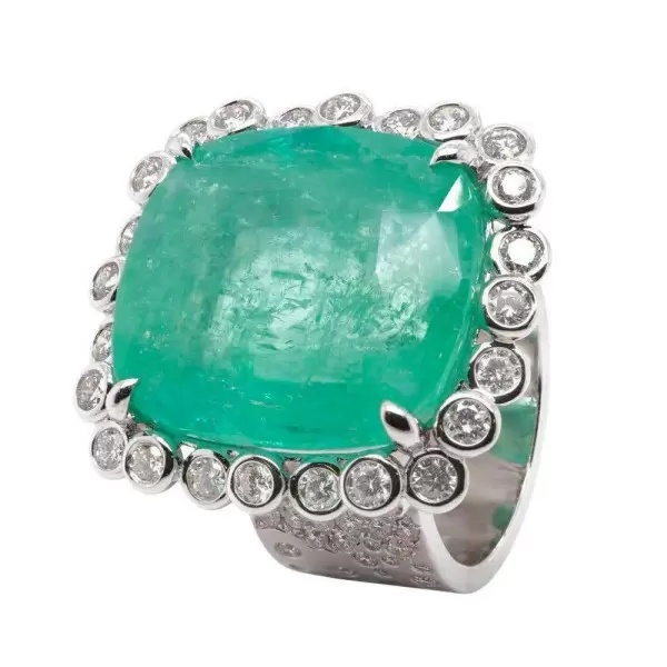 20ct Cushion Cut Emerald Halo Flush Set Cocktail Ring