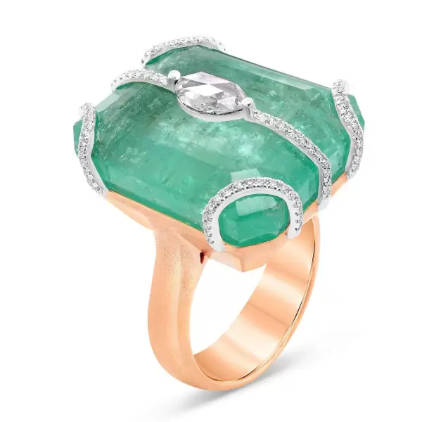 20ct Large Crown Emerald Two Tone Statement Cocktail Ring