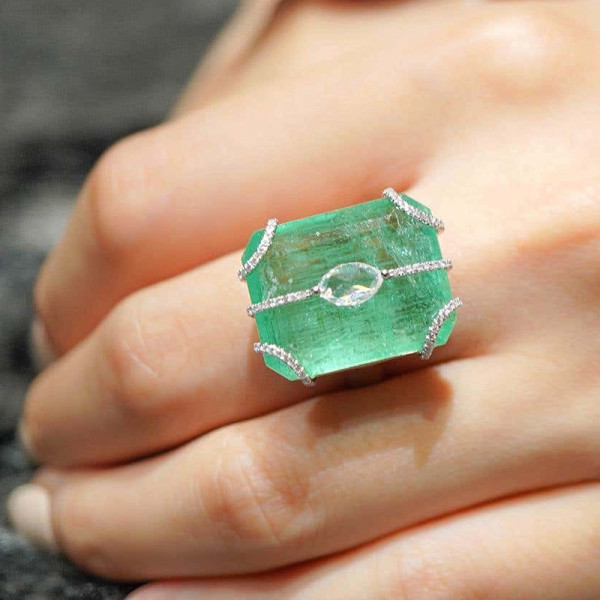 20ct Large Crown Emerald Two Tone Statement Cocktail Ring