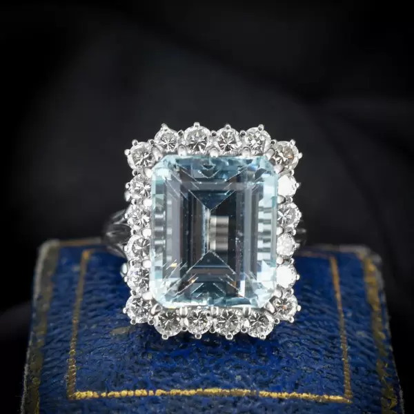 14ct Halo Emerald Cut Aquamarine Vintage Cocktail Ring