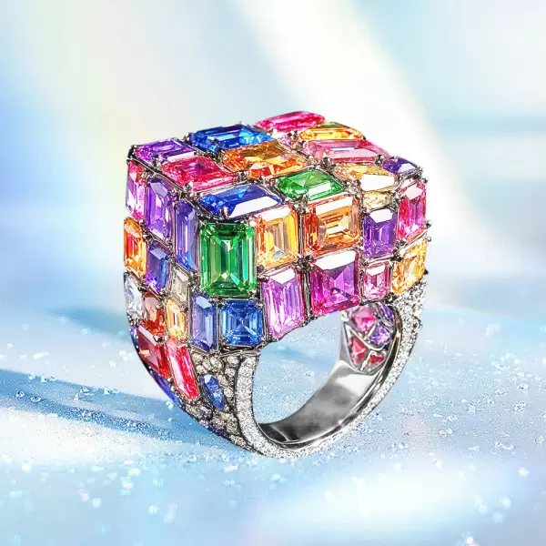 18ctw Emerald Cut Multicolor Sapphire Allover-set Cocktail Ring