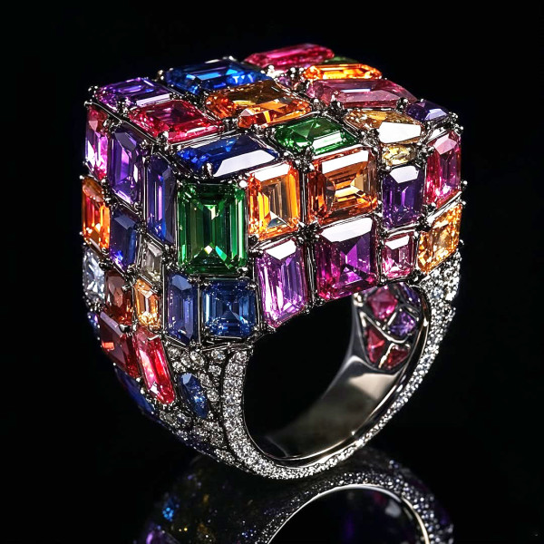 18ctw Emerald Cut Multicolor Sapphire Allover-set Cocktail Ring