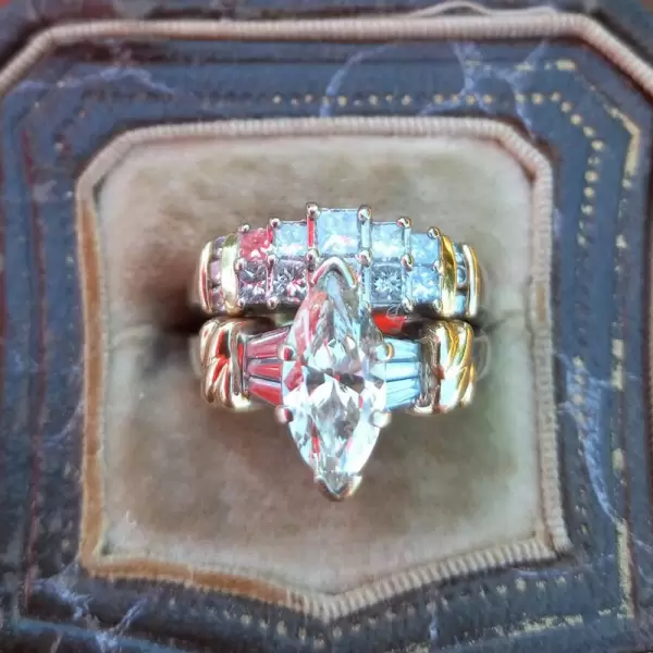 1.5ct Marquise Cut Vintage Two Tone Wedding Ring Set
