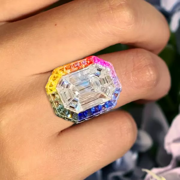 8.4ct Emerald Cut White Sapphire Rainbow Halo Cocktail Ring