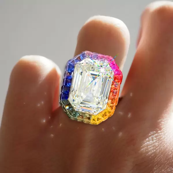 8.4ct Emerald Cut White Sapphire Rainbow Halo Cocktail Ring