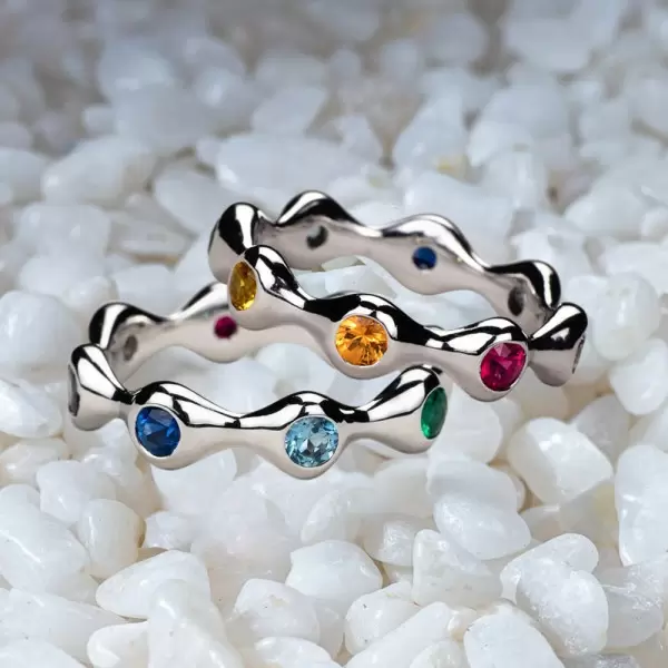 Bezel Set Round Cut Multicolor Sapphire Rainbow Wavy Band
