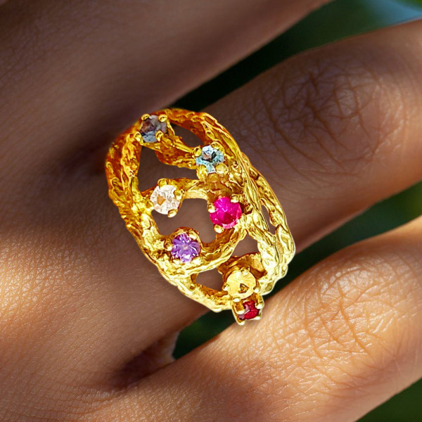 Round Cut Multicolor Sapphire Cluster Texture Floral Ring