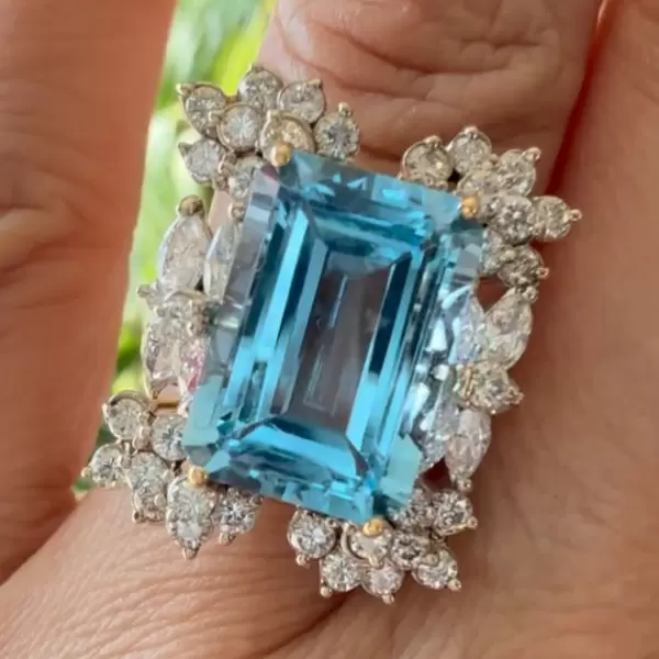 14ct Emerald Cut Aquamarine Cluster Halo Cocktail Ring