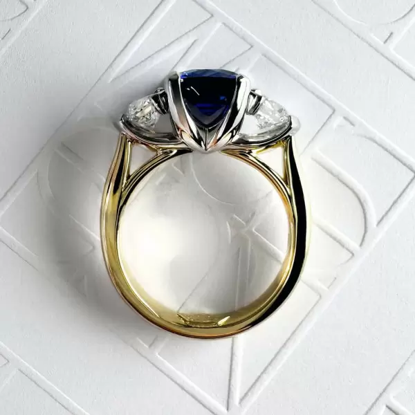 4ct Cushion Cut Blue Sapphire Two Tone Three Stone Ring
