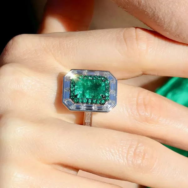 5.3ct Emerald Cut Emerald Halo Cocktail Ring