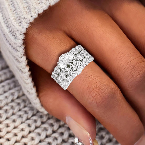 5ct Oval Cut White Sapphire 3pcs Bridal Set