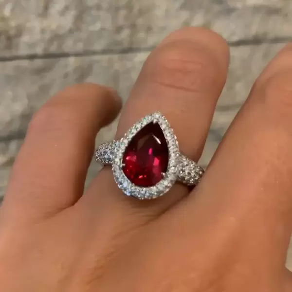 Micro-pave Setting Pear Cut Ruby Sterling Silver Ring