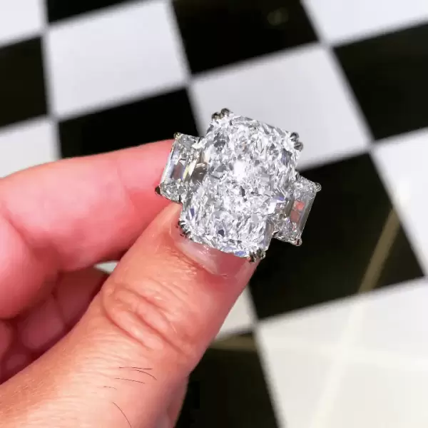 Radiant Cut White Sapphire Pave Three Stone Engagement Ring