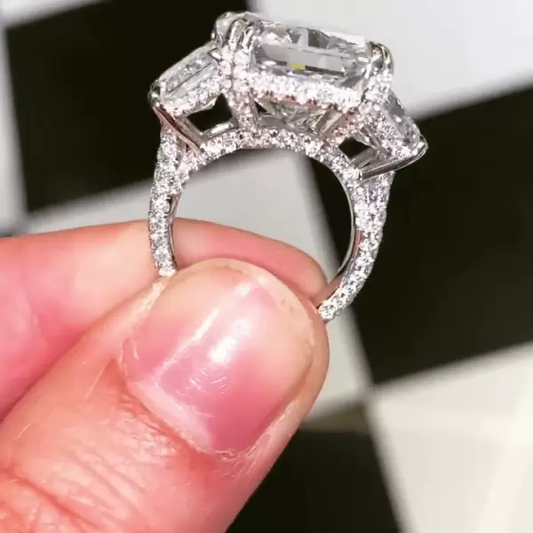 Radiant Cut White Sapphire Pave Three Stone Engagement Ring