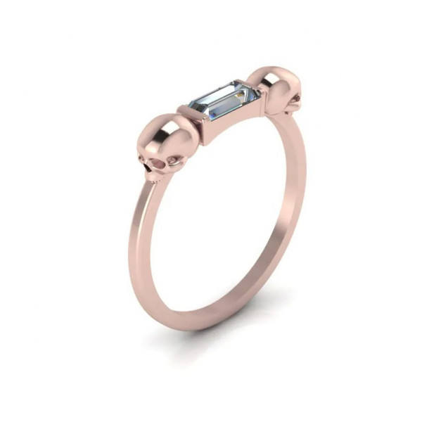 Baguette Cut White Sapphire Unique Skull Rose Gold Stackable Ring