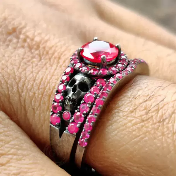 Round Cut Ruby Halo Skull Black Gold Wedding Ring Sets 2 Piece Set