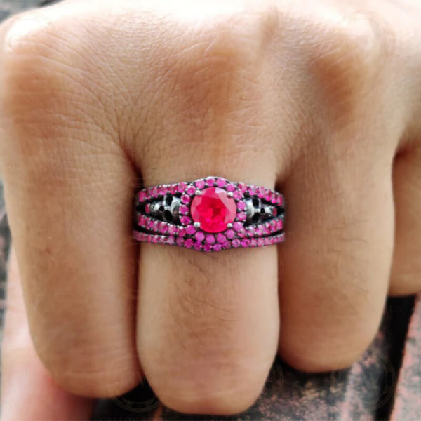 Round Cut Ruby Halo Skull Black Gold Wedding Ring Sets 2 Piece Set