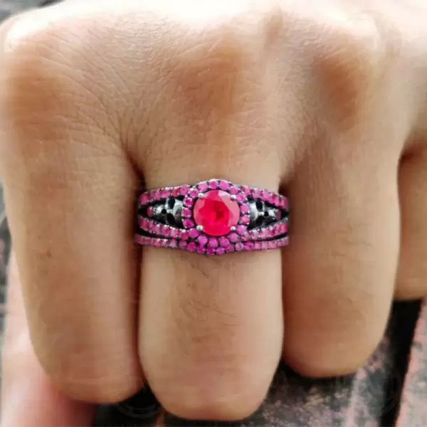 Round Cut Ruby Halo Skull Black Gold Wedding Ring Sets 2 Piece Set