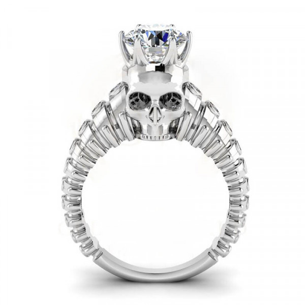 Round Cut 1.3ct White Sapphire Spine Bones Shank Skull With Crown Ring