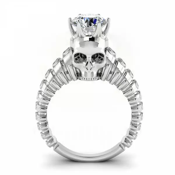 Round Cut 1.3ct White Sapphire Spine Bones Shank Skull With Crown Ring
