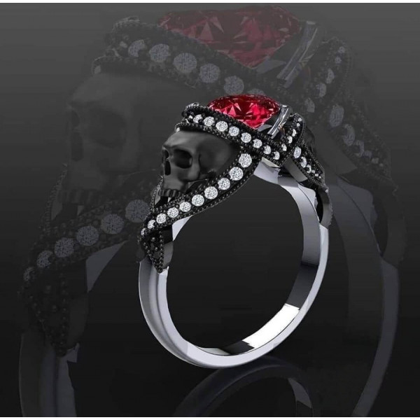 Round Cut Ruby Halo Skull White/Black Gold Skull Engagement Ring