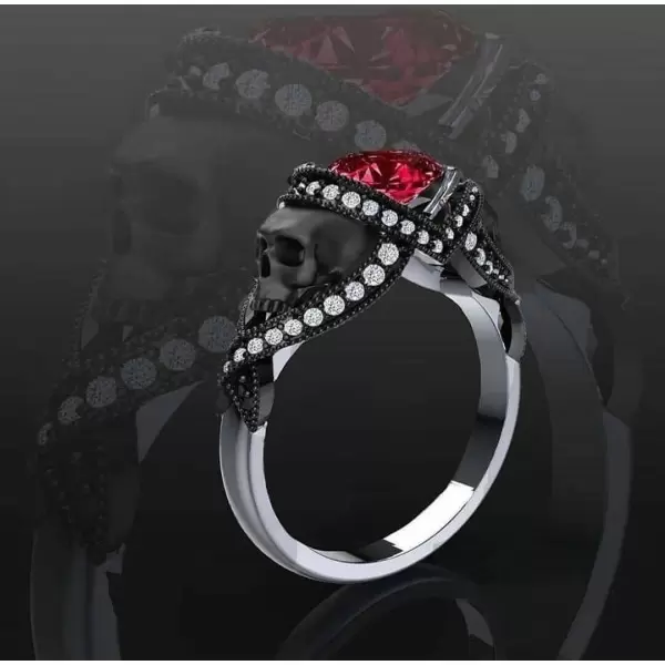 Round Cut Ruby Halo Skull White/Black Gold Skull Engagement Ring