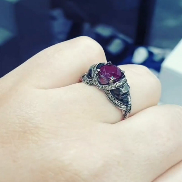 Round Cut Ruby Halo Skull White/Black Gold Skull Engagement Ring