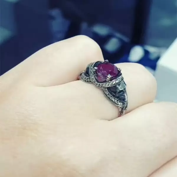 Round Cut Ruby Halo Skull White/Black Gold Skull Engagement Ring