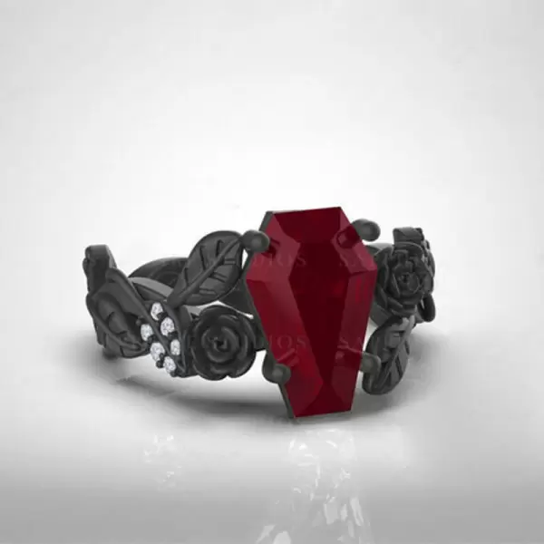 Halloween Coffin Cut 3ct Ruby  Floral Roses Ring