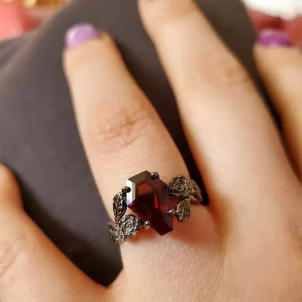 Halloween Coffin Cut 3ct Ruby  Floral Roses Ring