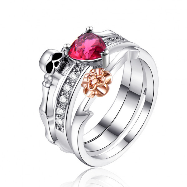 Ruby Heart Skull Ring Set/2pcs