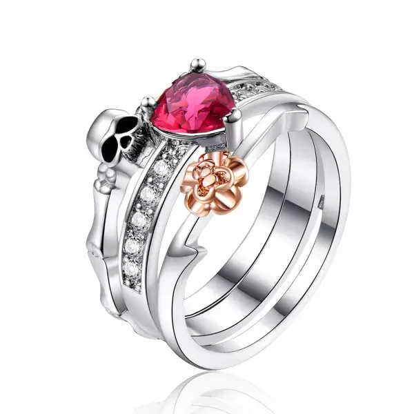 Ruby Heart Skull Ring Set/2pcs